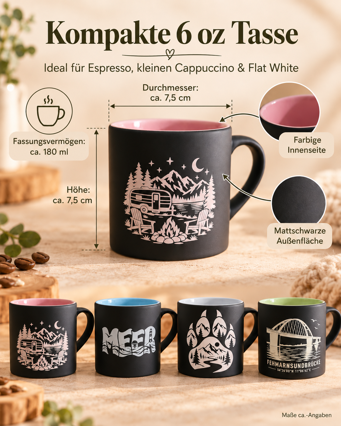 Lasergravierte Tasse 180 ml – Camping, Meer, Berge & Fehmarn