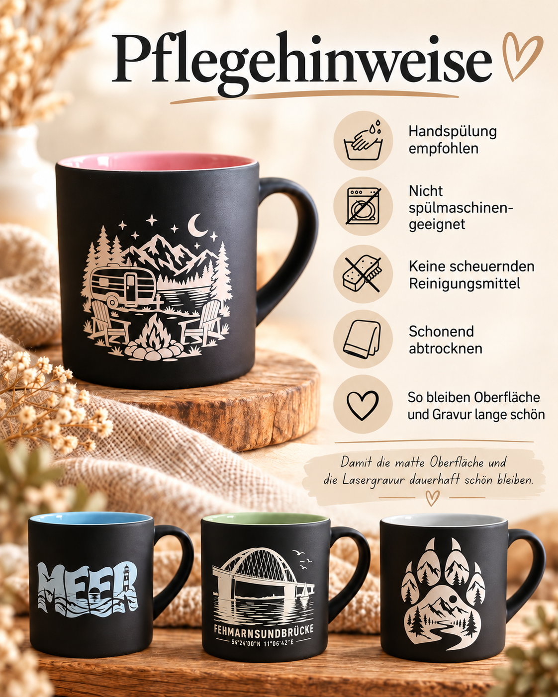 Lasergravierte Tasse 180 ml – Camping, Meer, Berge & Fehmarn