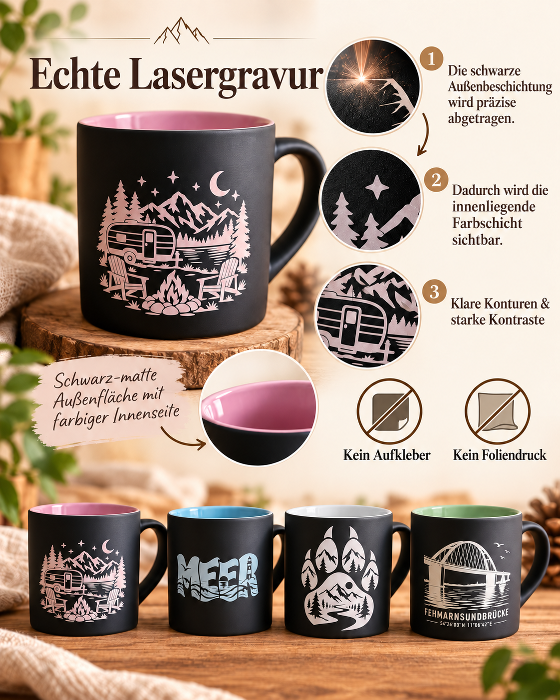 Lasergravierte Tasse 180 ml – Camping, Meer, Berge & Fehmarn