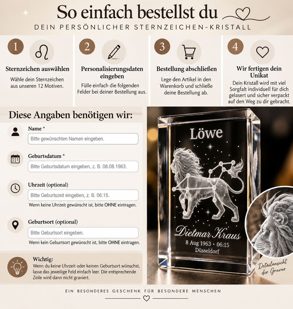 Personalisierter Sternzeichen-Kristall mit 3D-Innengravur – K9 Glas mit Name & Datum