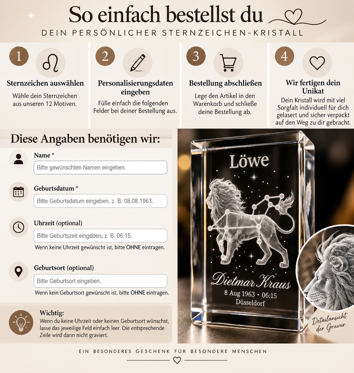 Personalisierter Sternzeichen-Kristall mit 3D-Innengravur – K9 Glas mit Name & Datum