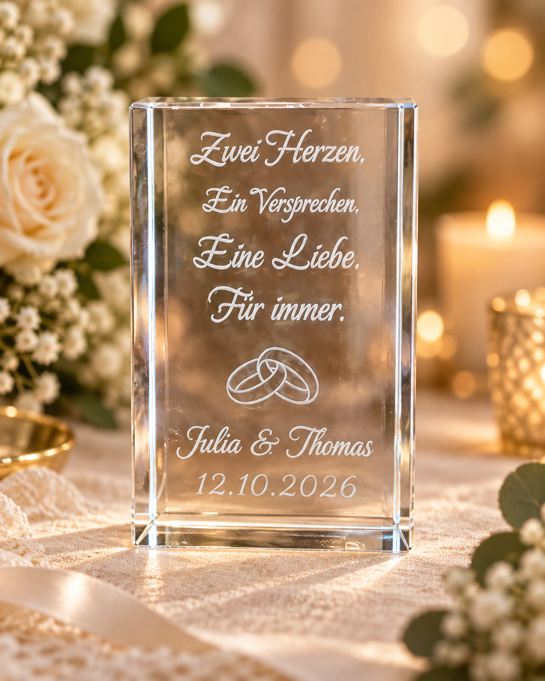 Personalisierter K9-Kristall mit 3D-Innengravur – Hochzeitsgeschenk mit Namen & Datum