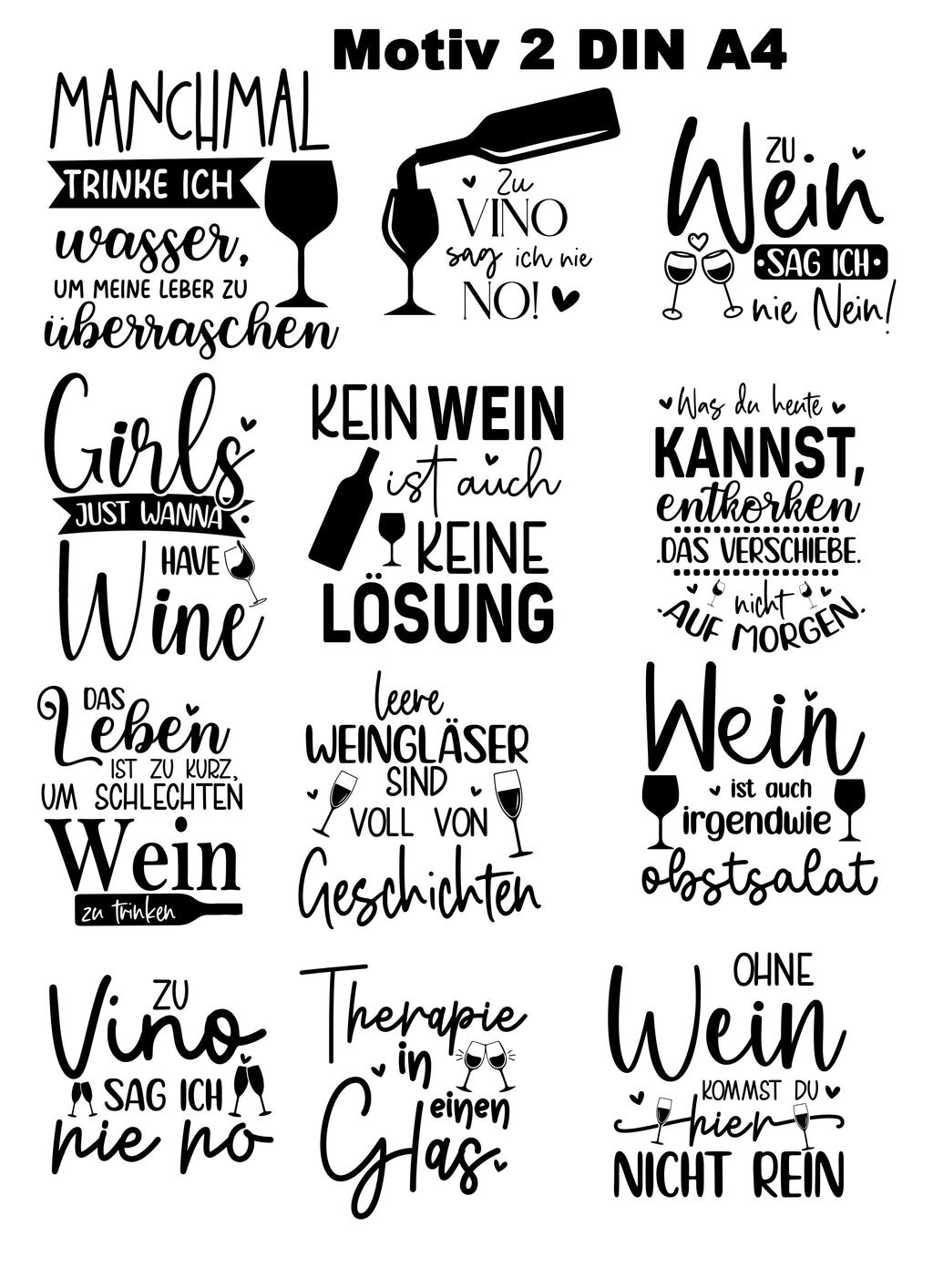 Rub-On Weinsprüche – DIN A4 | 12 oder 24 Sprüche