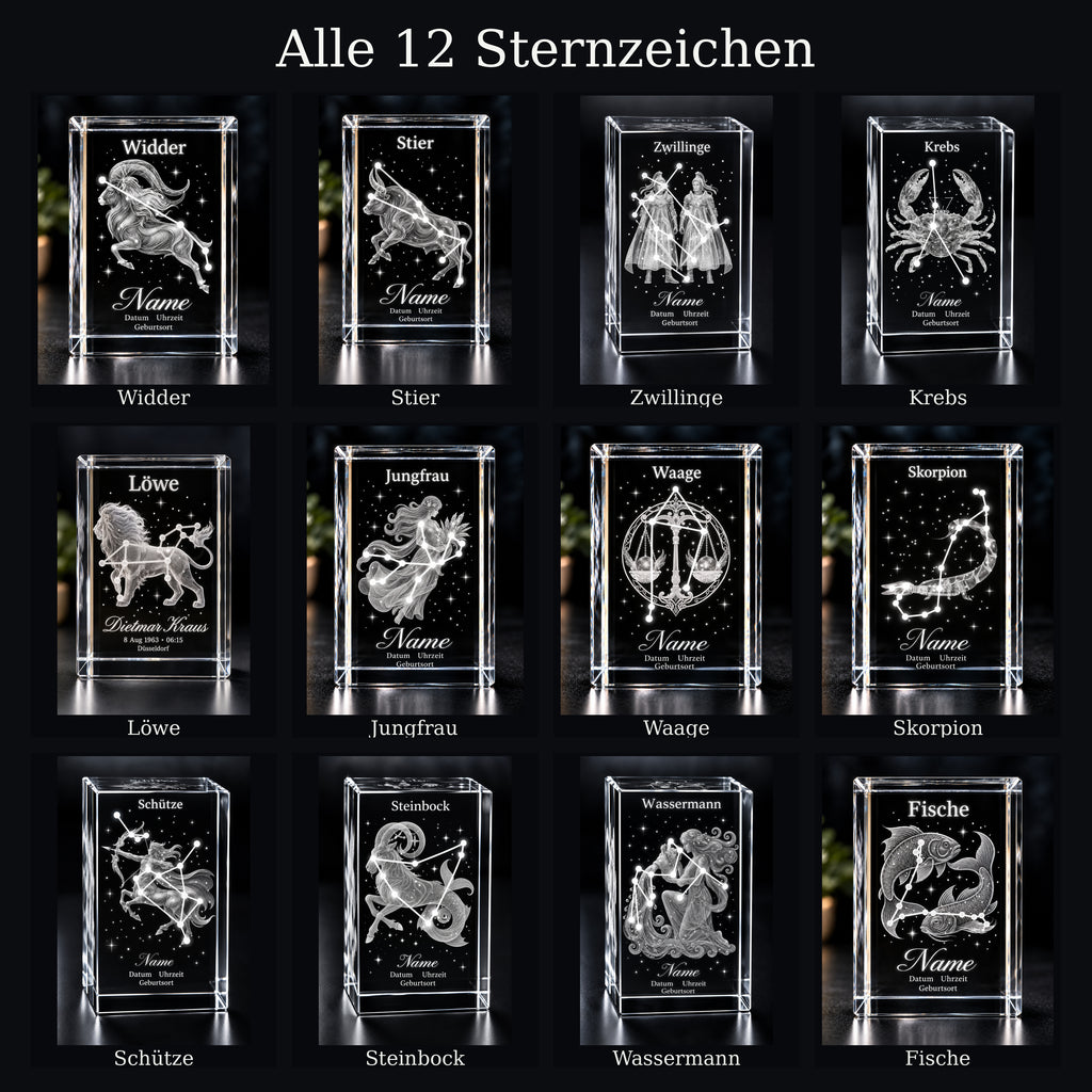 Personalisierter Sternzeichen-Kristall mit 3D-Innengravur – K9 Glas mit Name & Datum