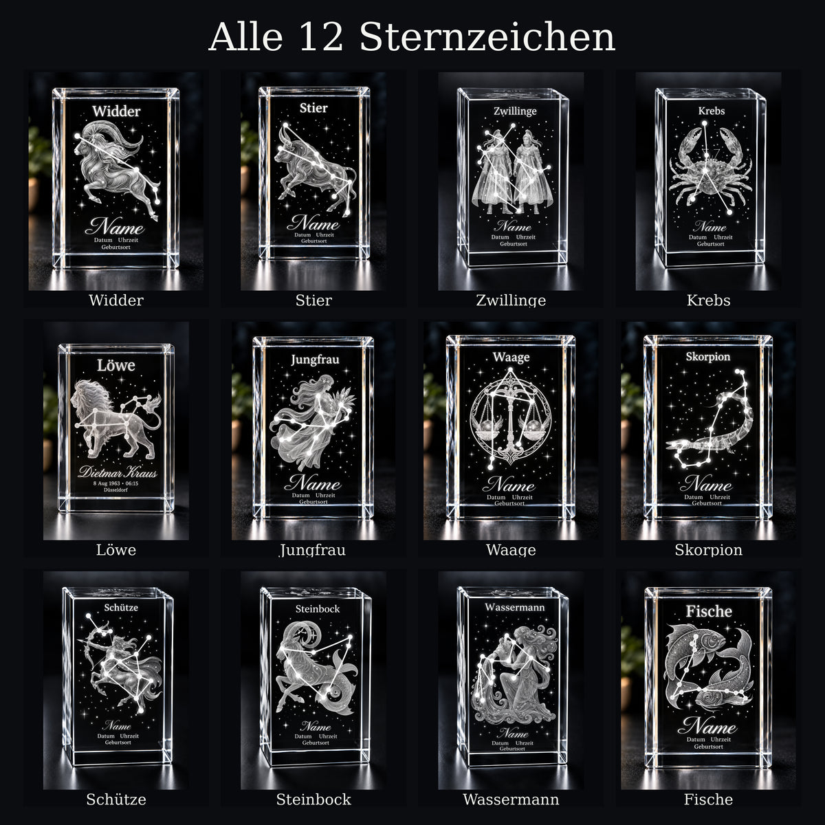 Personalisierter Sternzeichen-Kristall mit 3D-Innengravur – K9 Glas mit Name & Datum