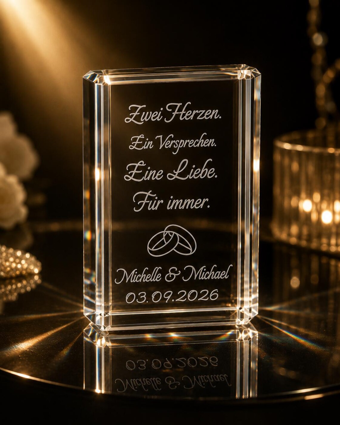Personalisierter K9-Kristall mit 3D-Innengravur – Hochzeitsgeschenk mit Namen & Datum