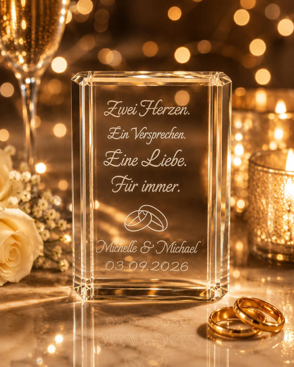 Personalisierter K9-Kristall mit 3D-Innengravur – Hochzeitsgeschenk mit Namen & Datum