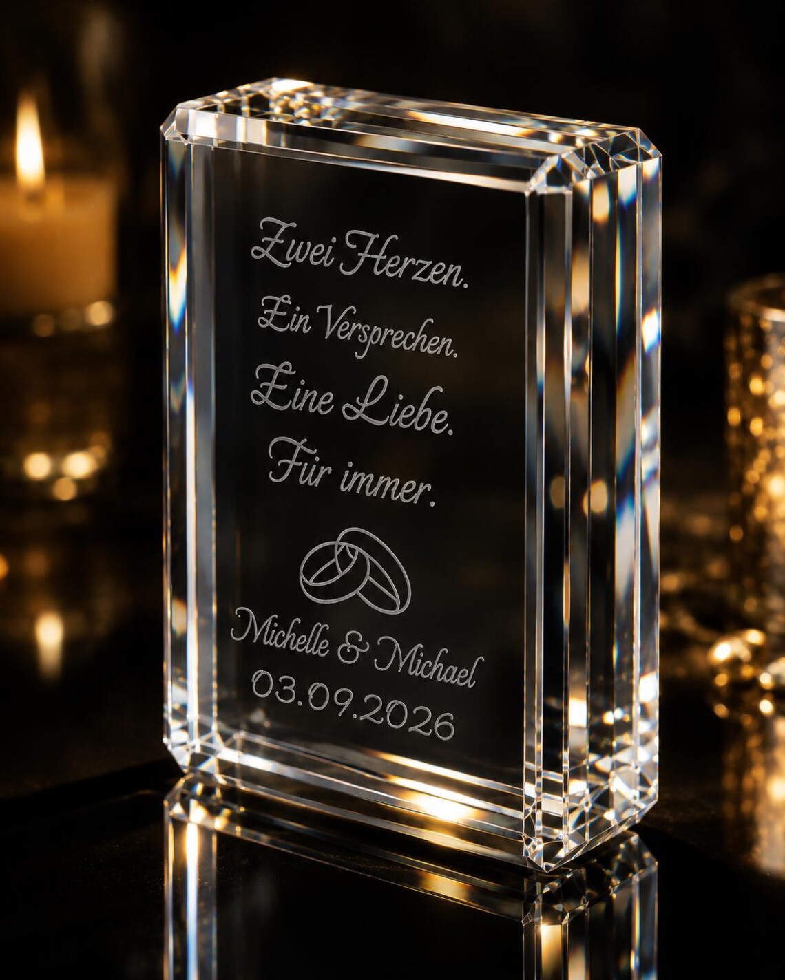 Personalisierter K9-Kristall mit 3D-Innengravur – Hochzeitsgeschenk mit Namen & Datum