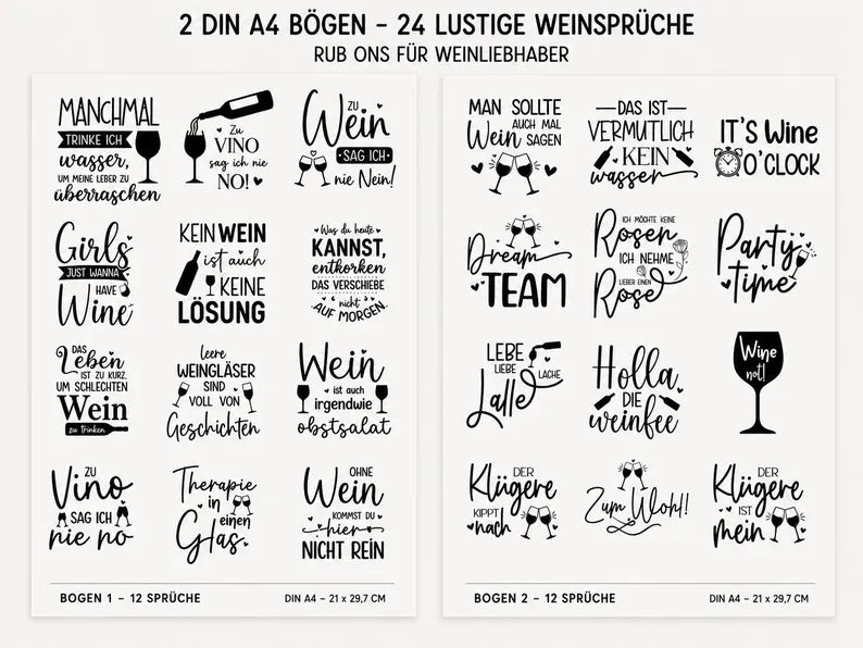 Rub-On Weinsprüche – DIN A4 | 12 oder 24 Sprüche