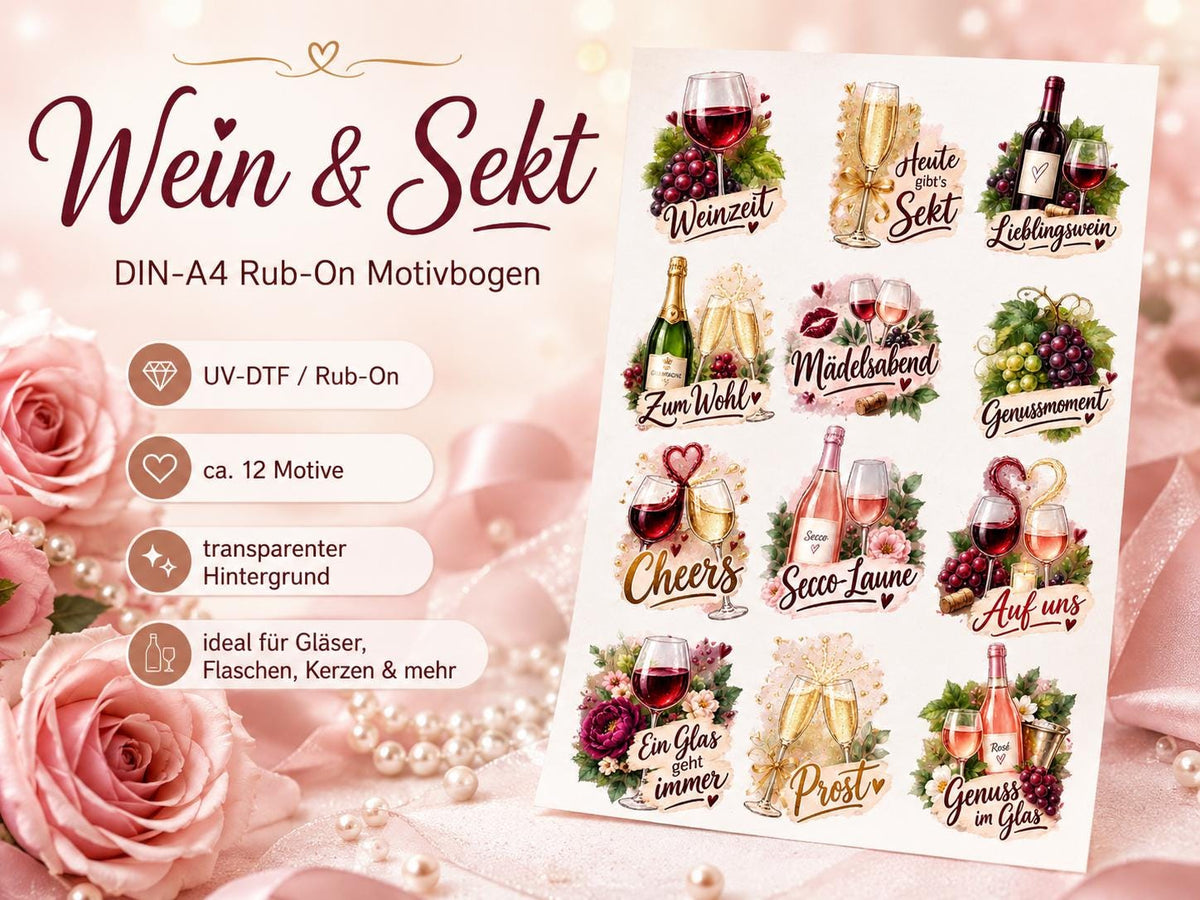 Rub-On Motivbogen Wein und Sekt DIN A4 – UV-DTF Motive für Gläser, Flaschen und Geschenke