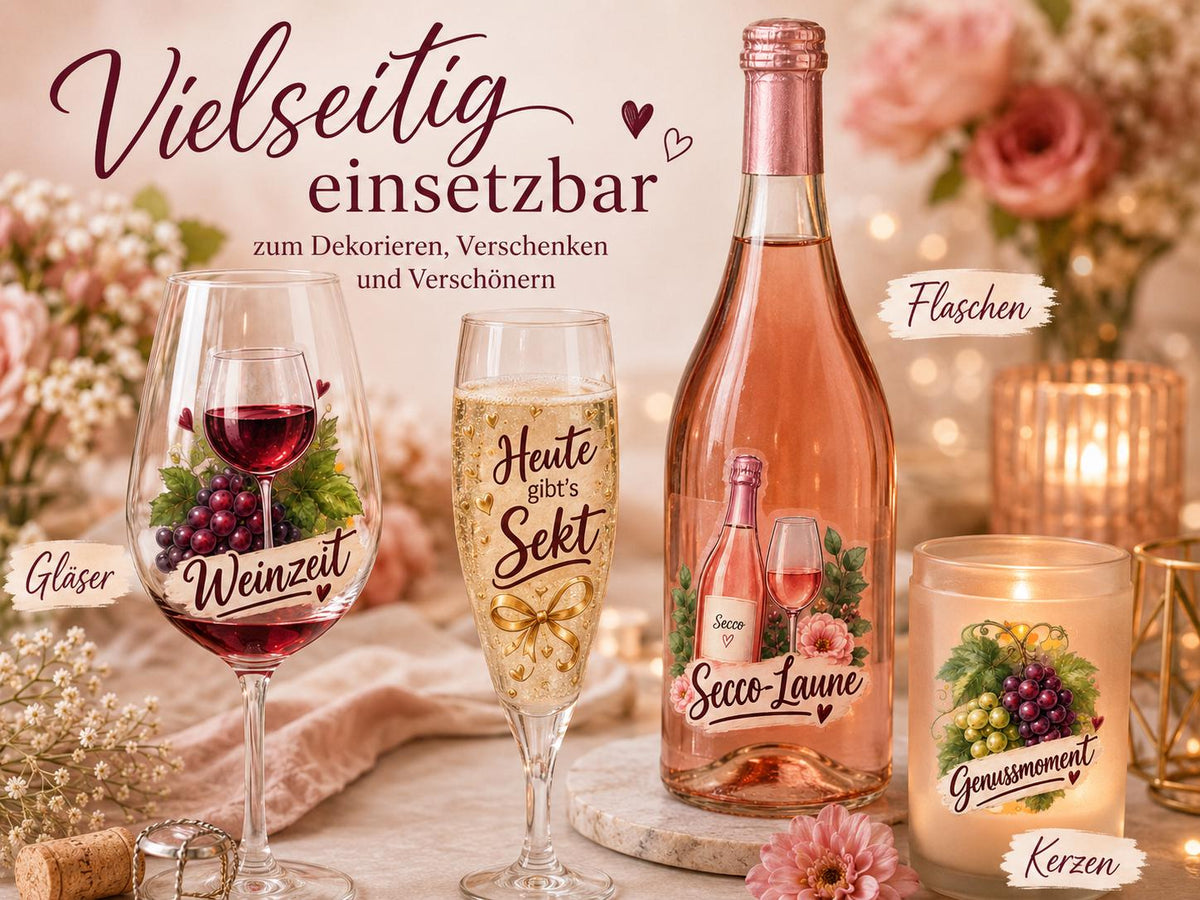 Rub-On Motivbogen Wein und Sekt DIN A4 – UV-DTF Motive für Gläser, Flaschen und Geschenke