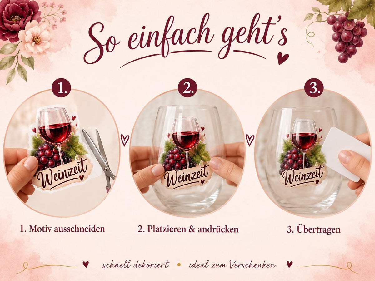 Rub-On Motivbogen Wein und Sekt DIN A4 – UV-DTF Motive für Gläser, Flaschen und Geschenke