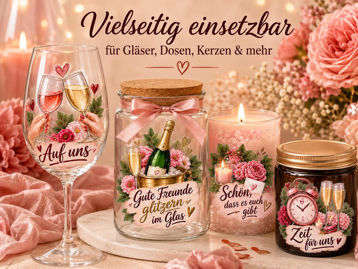 Rub-On Motivbogen Mädelsabend DIN A4 – 12 UV-DTF Motive für Freundinnen, Gläser, Geschenke & Girls Night