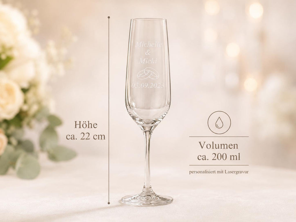 Sektglas 200 ml zur Hochzeit – mit Namen und Datum