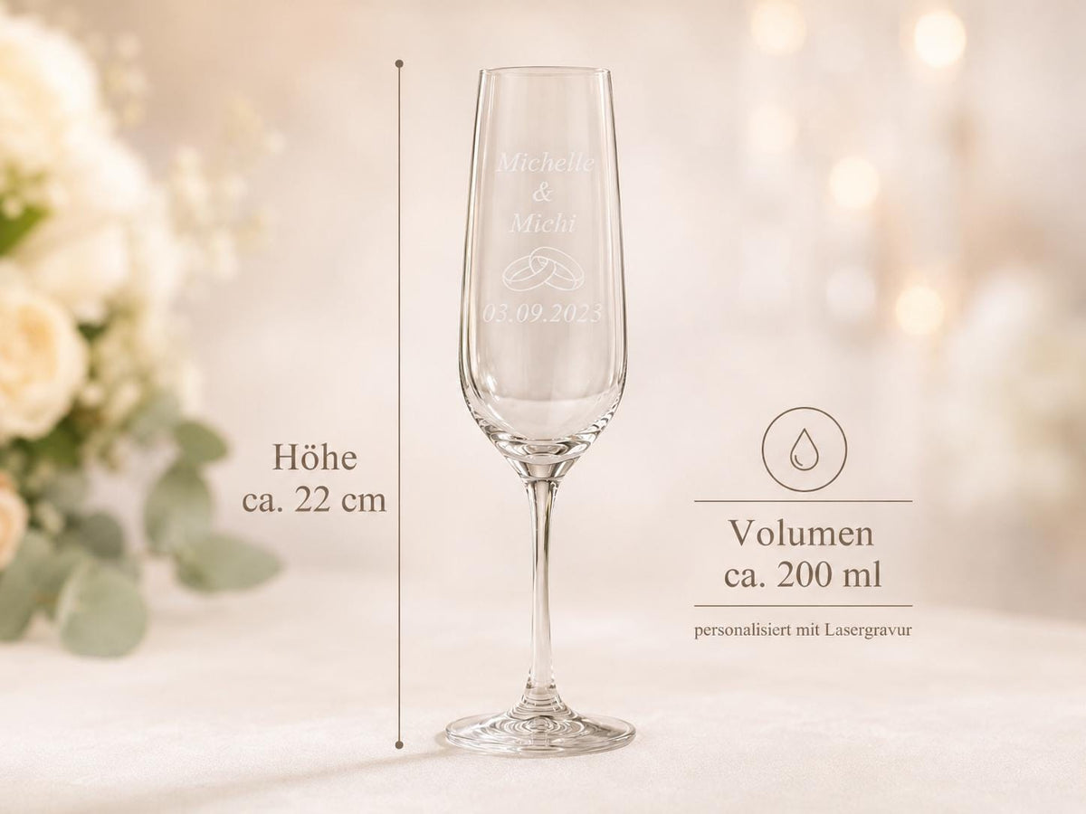 Sektglas 200 ml zur Hochzeit – mit Namen und Datum