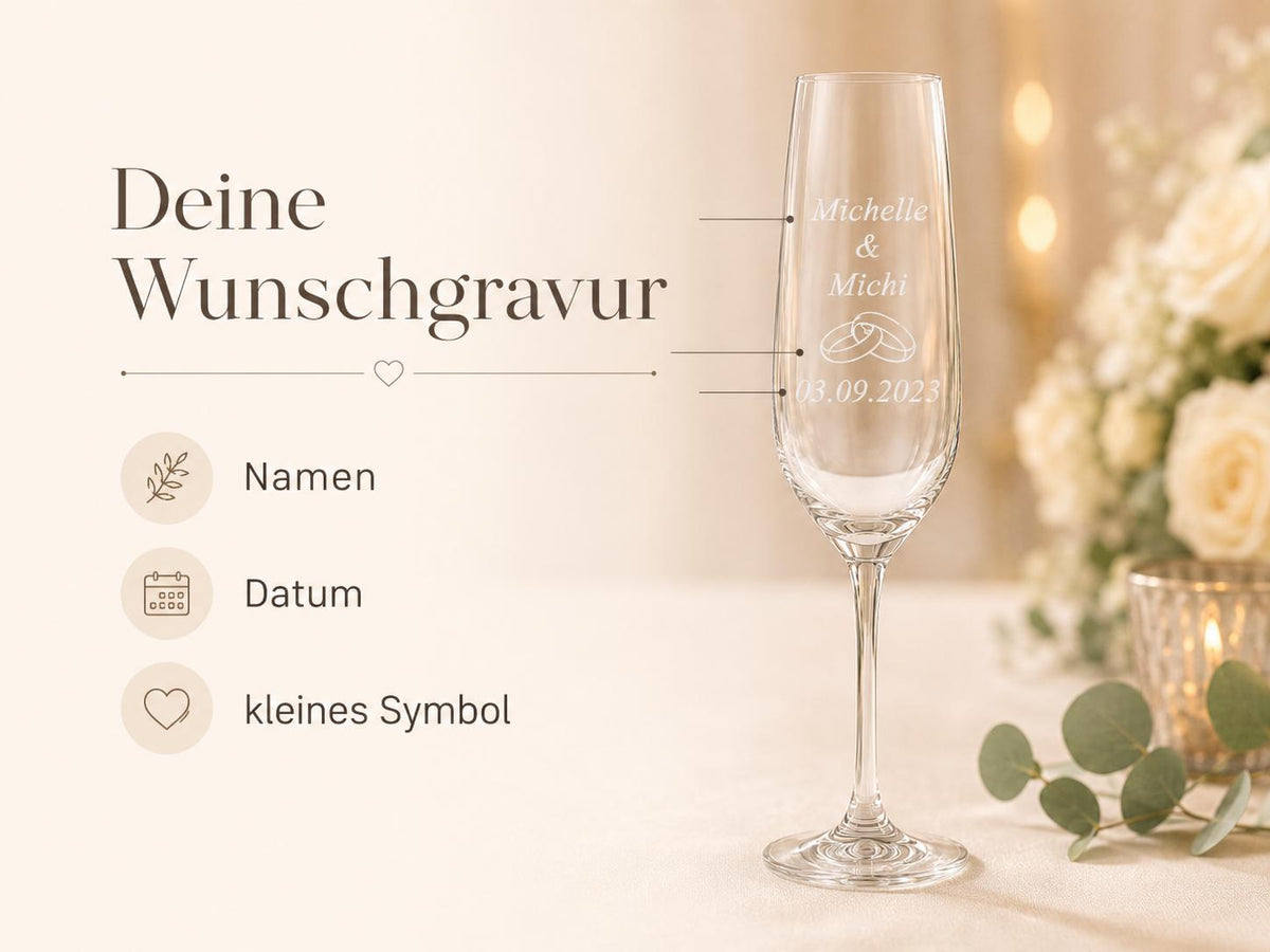 Sektglas 200 ml zur Hochzeit – mit Namen und Datum