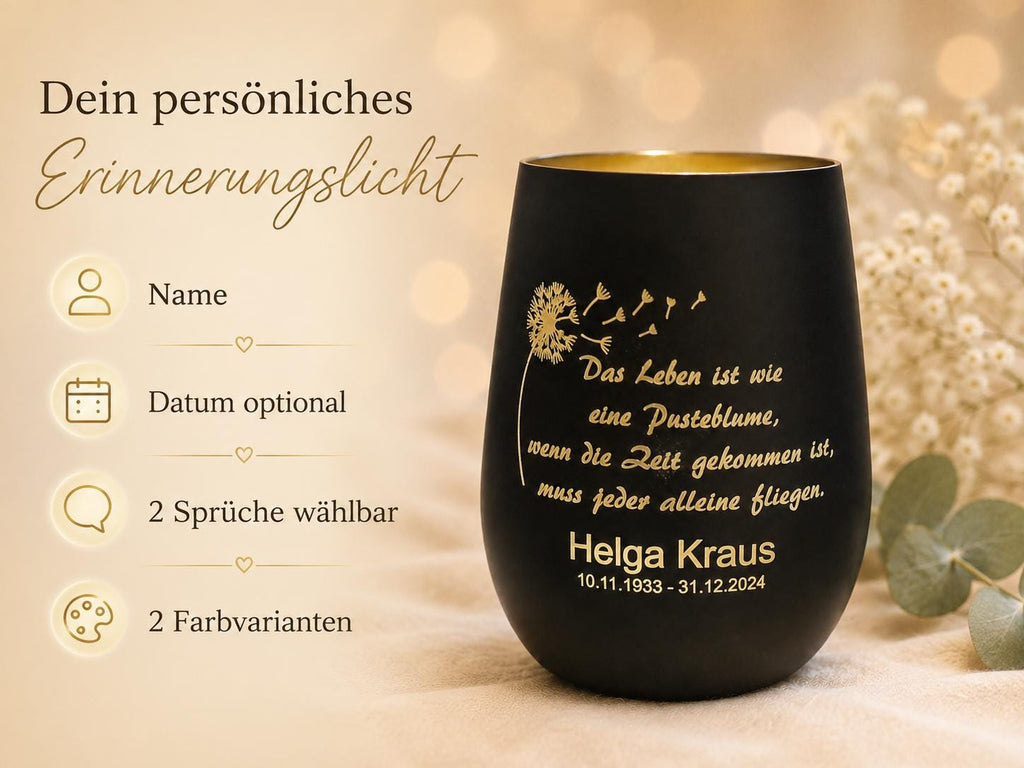 Personalisiertes Trauerlicht aus Glas mit Namensgravur