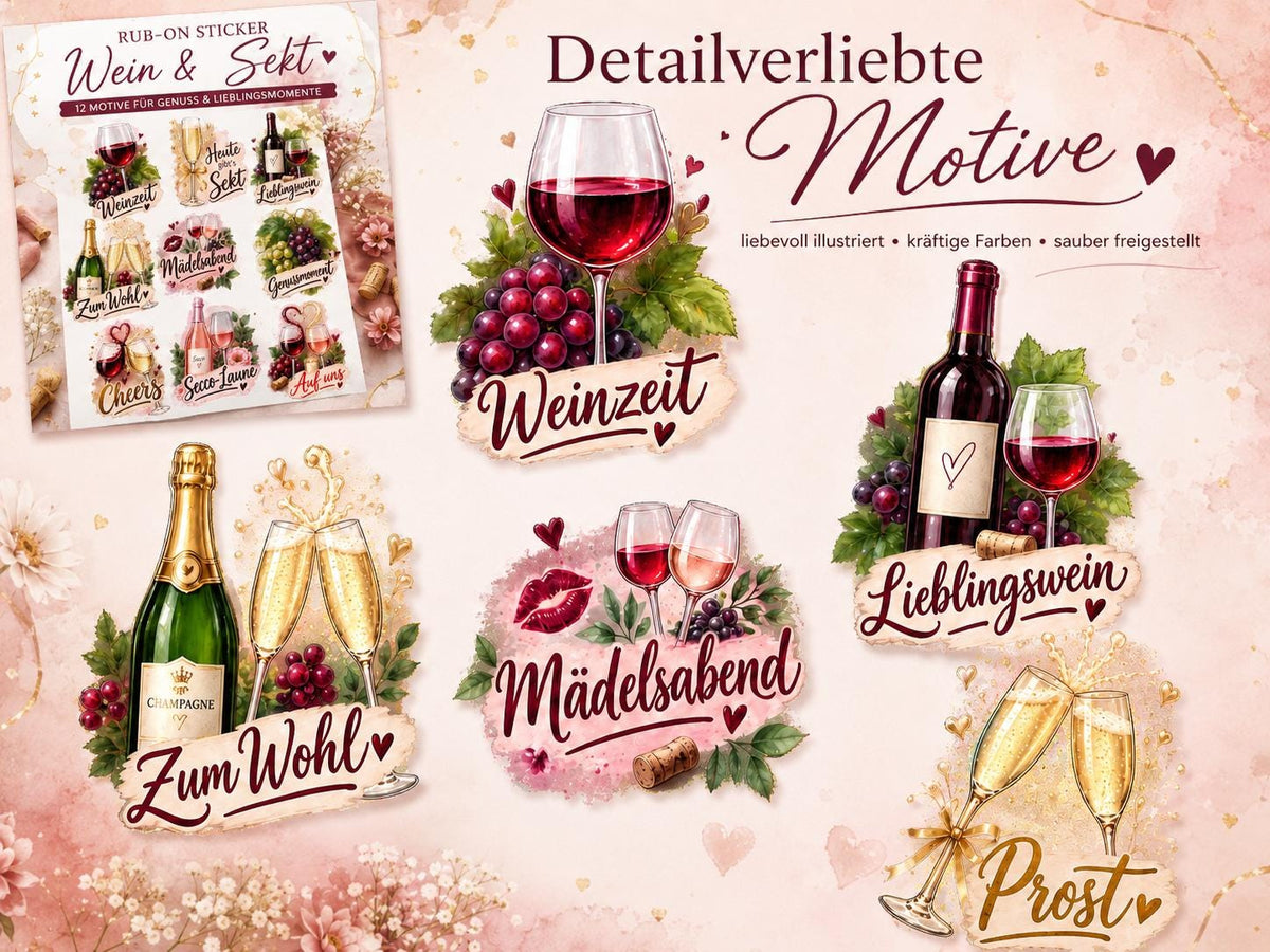 Rub-On Motivbogen Wein und Sekt DIN A4 – UV-DTF Motive für Gläser, Flaschen und Geschenke