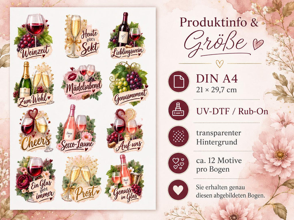 Rub-On Motivbogen Wein und Sekt DIN A4 – UV-DTF Motive für Gläser, Flaschen und Geschenke