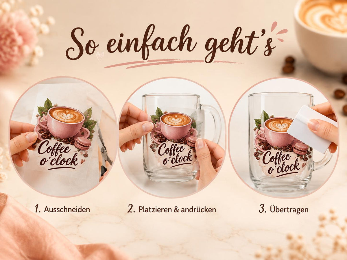 Rub-On Motivbogen Kaffee DIN A4 – UV-DTF Kaffeemotive für Tassen, Gläser & Geschenke
