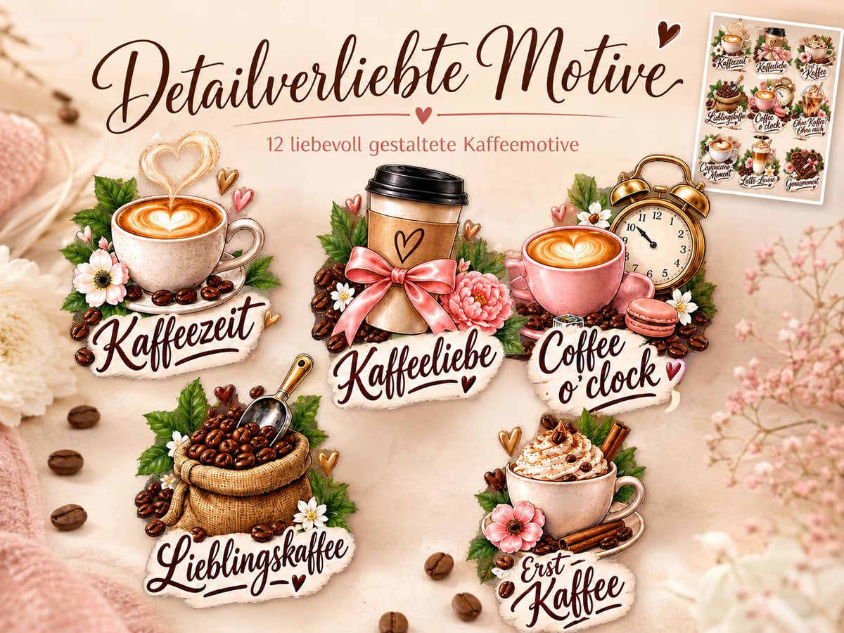 Rub-On Motivbogen Kaffee DIN A4 – UV-DTF Kaffeemotive für Tassen, Gläser & Geschenke