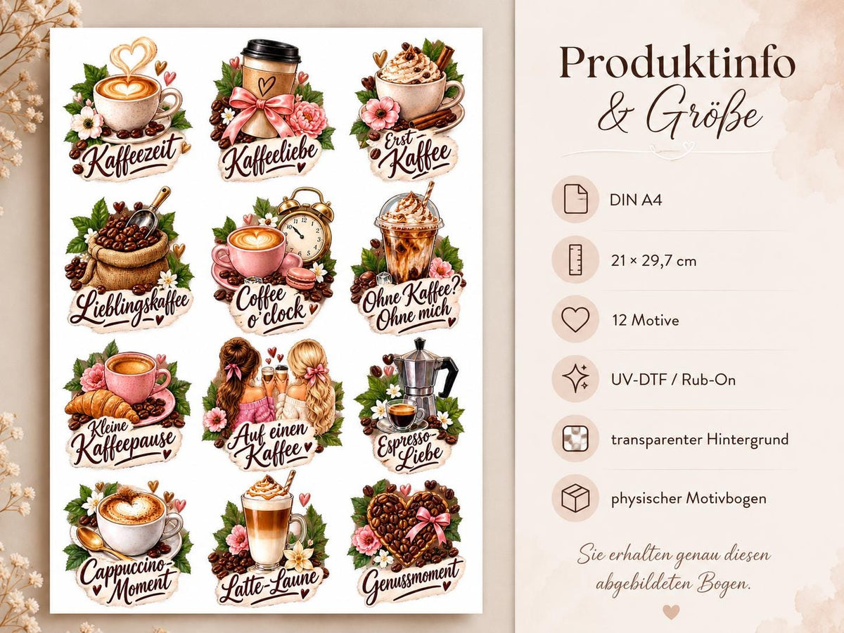 Rub-On Motivbogen Kaffee DIN A4 – UV-DTF Kaffeemotive für Tassen, Gläser & Geschenke