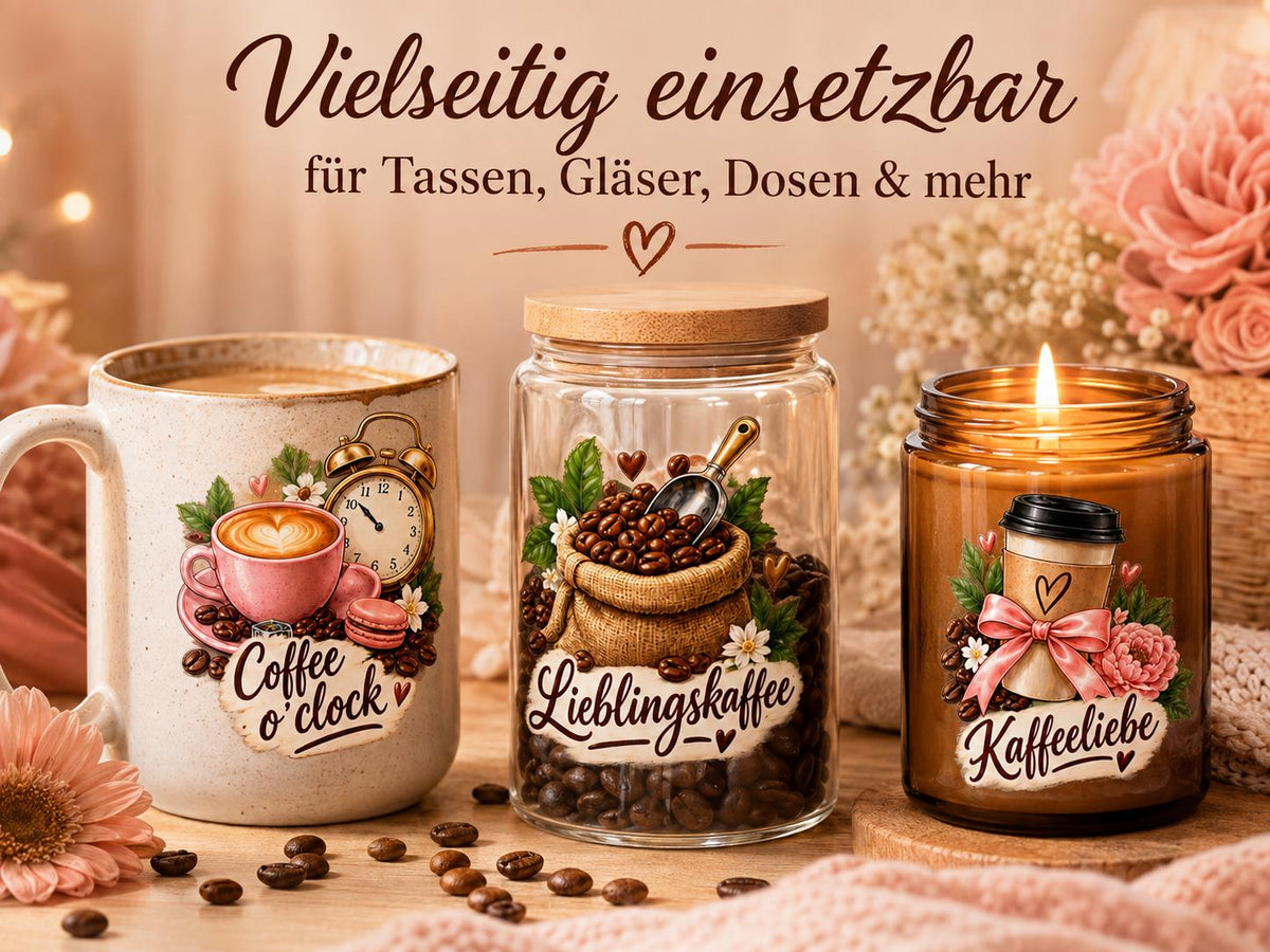 Rub-On Motivbogen Kaffee DIN A4 – UV-DTF Kaffeemotive für Tassen, Gläser & Geschenke