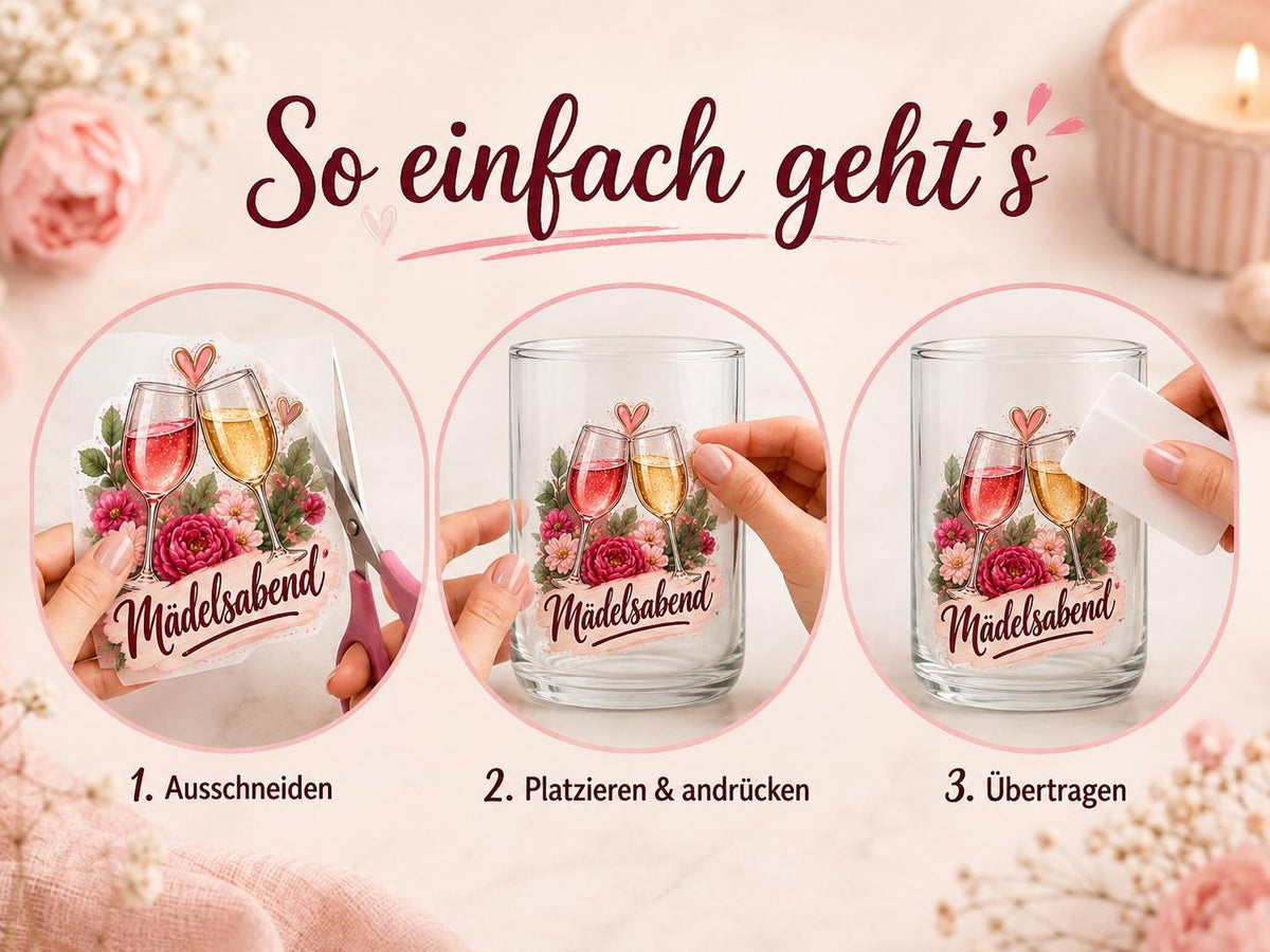 Rub-On Motivbogen Mädelsabend DIN A4 – 12 UV-DTF Motive für Freundinnen, Gläser, Geschenke & Girls Night