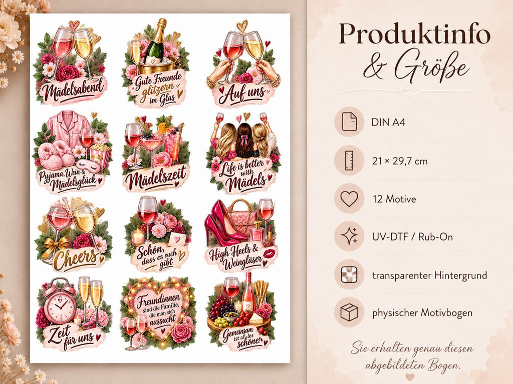 Rub-On Motivbogen Mädelsabend DIN A4 – 12 UV-DTF Motive für Freundinnen, Gläser, Geschenke & Girls Night