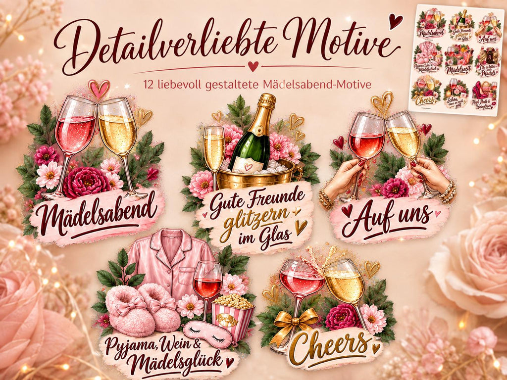 Rub-On Motivbogen Mädelsabend DIN A4 – 12 UV-DTF Motive für Freundinnen, Gläser, Geschenke & Girls Night