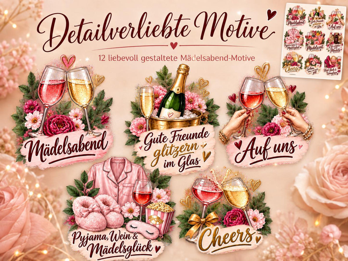 Rub-On Motivbogen Mädelsabend DIN A4 – 12 UV-DTF Motive für Freundinnen, Gläser, Geschenke & Girls Night