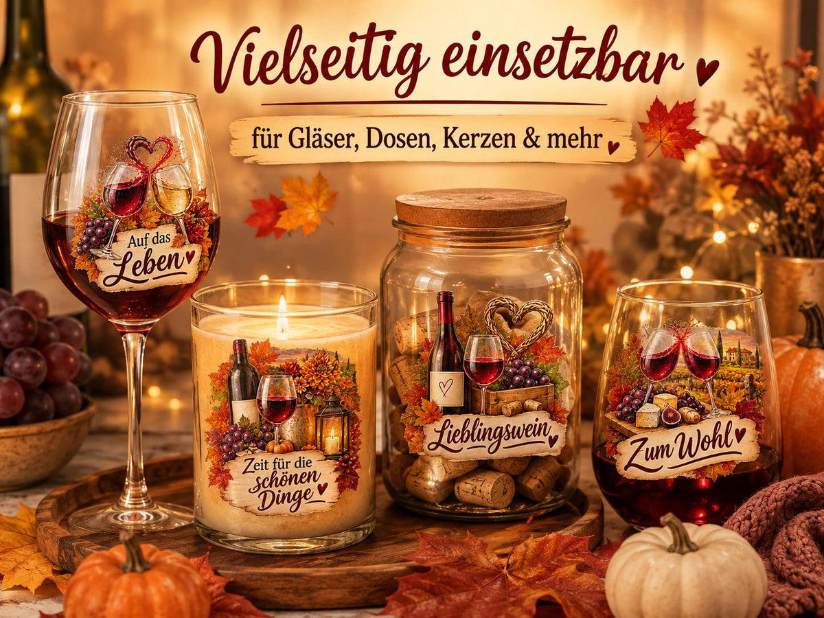 Rub-On Motivbogen Herbst & Wein DIN A4 – 12 UV-DTF Motive für Gläser, Herbstdeko  Weinliebhaber