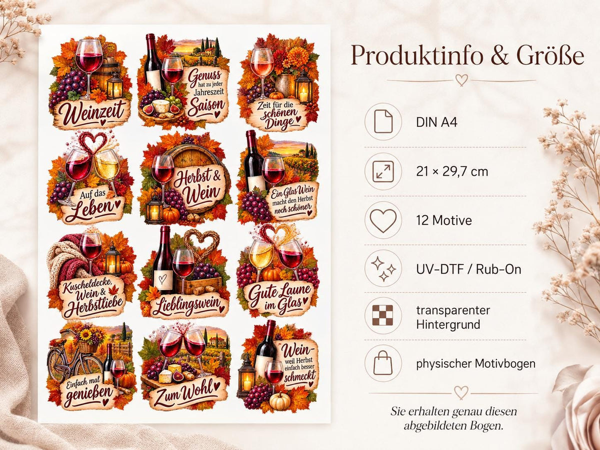 Rub-On Motivbogen Herbst & Wein DIN A4 – 12 UV-DTF Motive für Gläser, Herbstdeko  Weinliebhaber