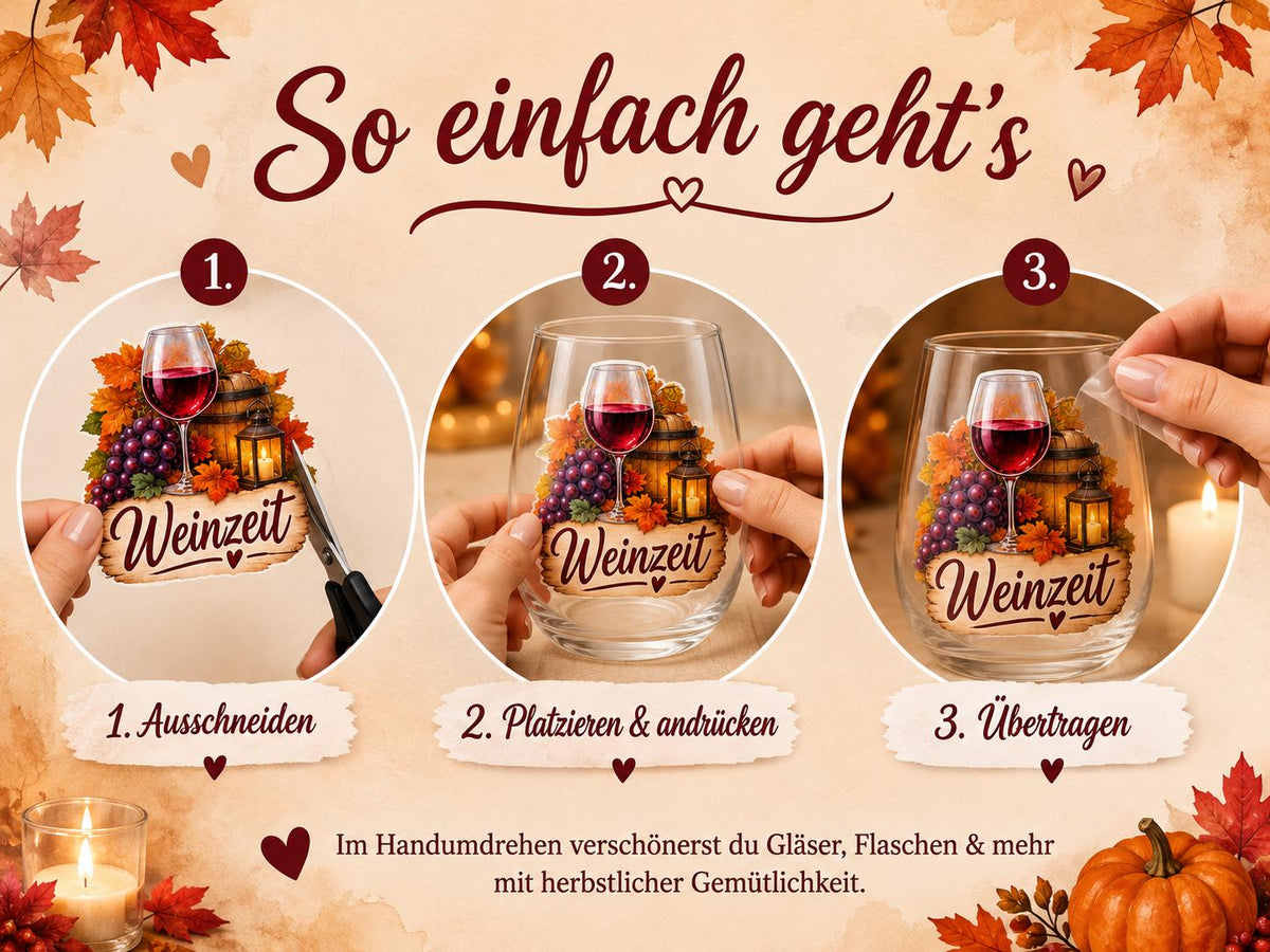 Rub-On Motivbogen Herbst & Wein DIN A4 – 12 UV-DTF Motive für Gläser, Herbstdeko  Weinliebhaber