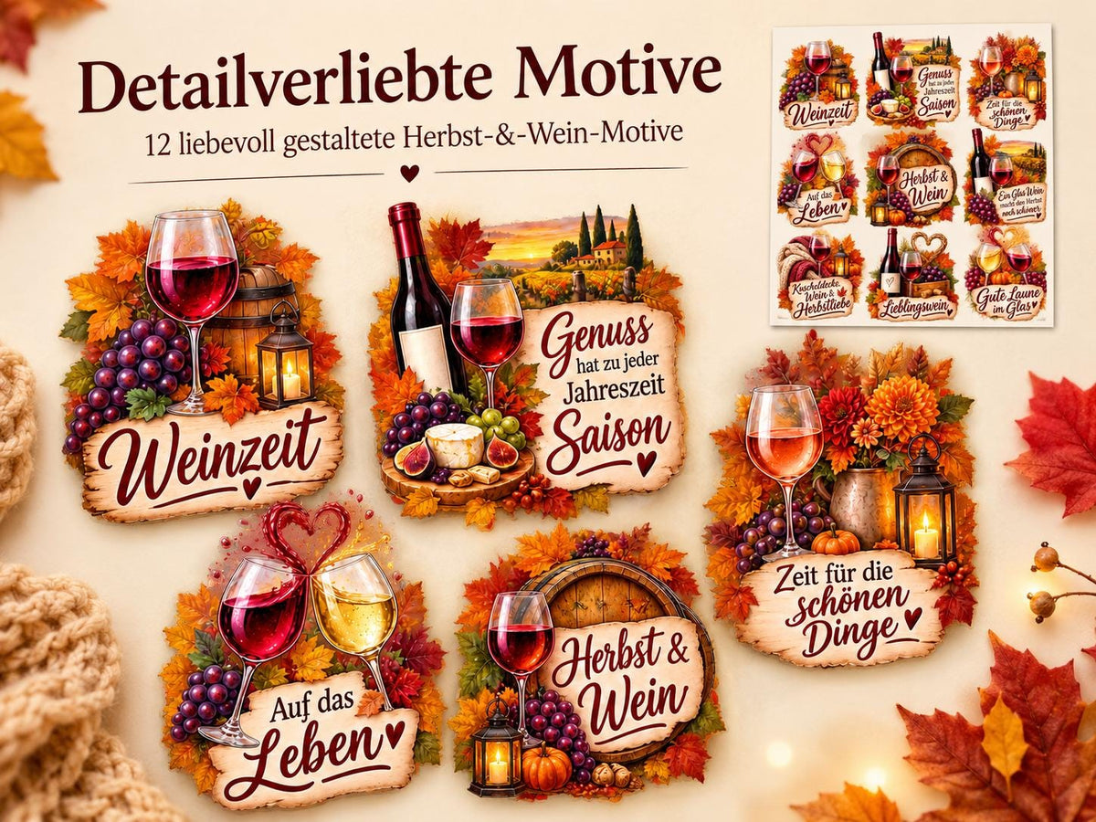 Rub-On Motivbogen Herbst & Wein DIN A4 – 12 UV-DTF Motive für Gläser, Herbstdeko  Weinliebhaber