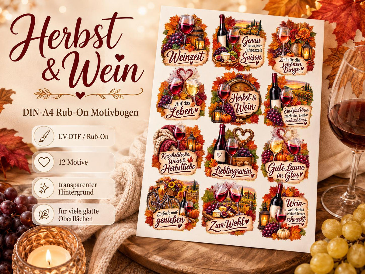 Rub-On Motivbogen Herbst & Wein DIN A4 – 12 UV-DTF Motive für Gläser, Herbstdeko  Weinliebhaber