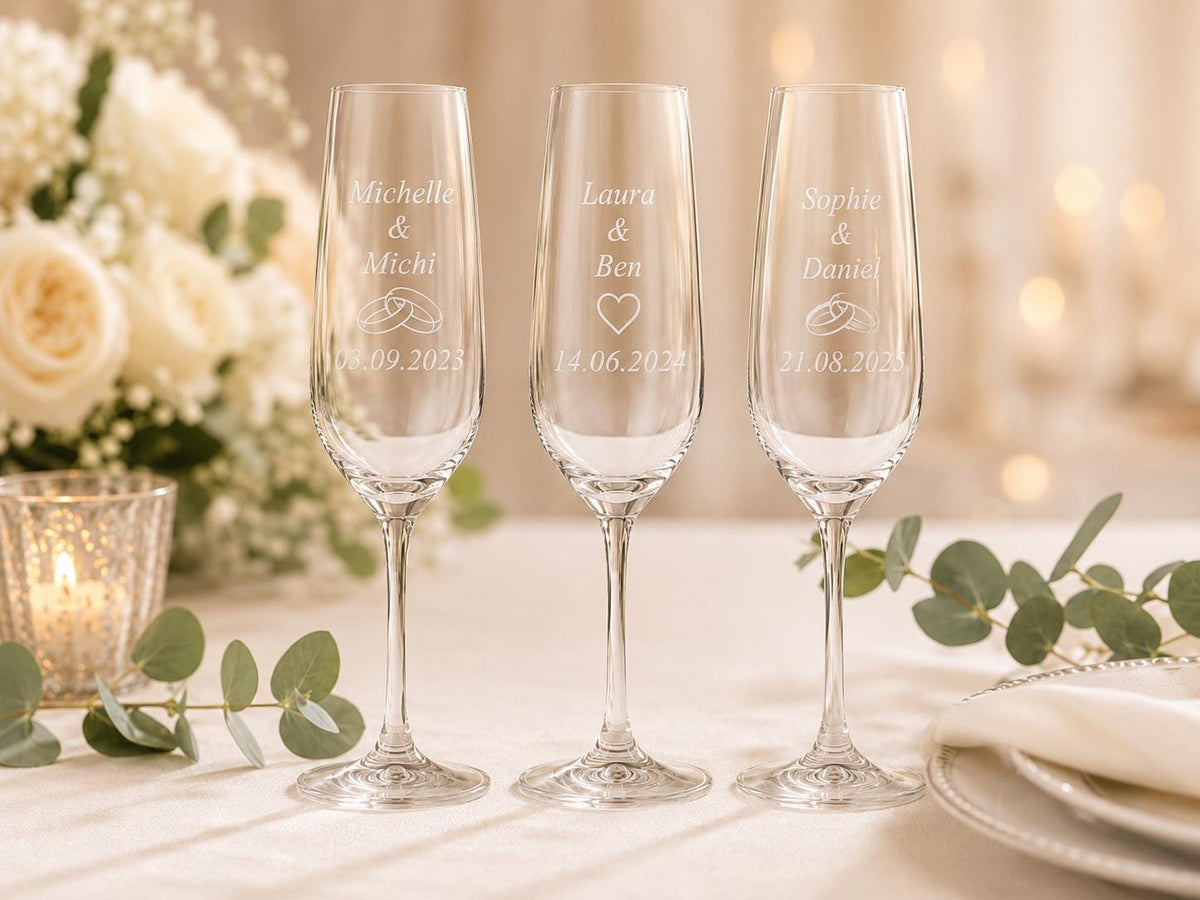 Sektglas 200 ml zur Hochzeit – mit Namen und Datum