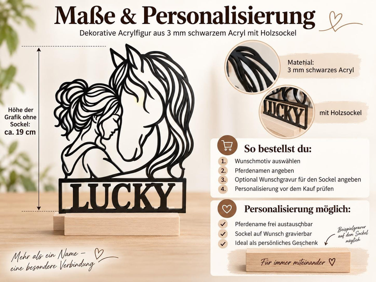 Pferde-Acryl-Aufsteller mit Wunschname und Holzsockel – Produktfoto 2