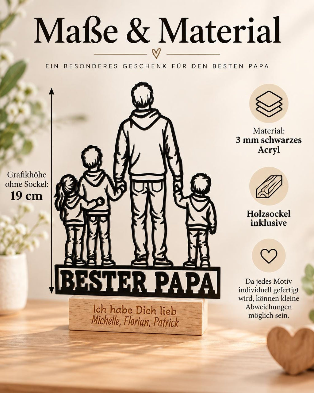 Bester Papa Acryl-Aufsteller – Vater mit 3 Kindern – Produktfoto 3