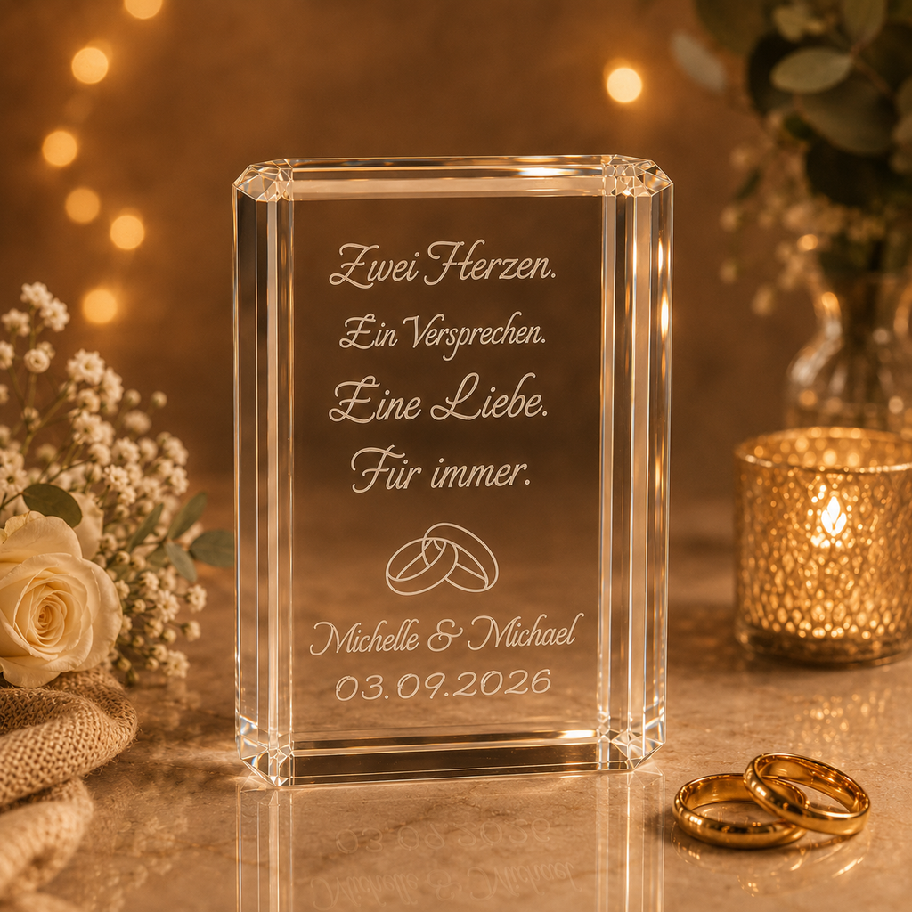 Personalisierter K9-Kristall mit 3D-Innengravur – Hochzeitsgeschenk mit Namen & Datum