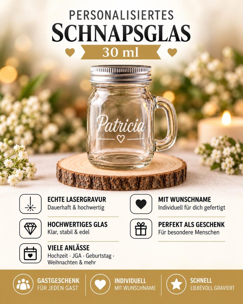 Personalisiertes Shotglas 30 ml mit Gravur, Henkel und Metalldeckel