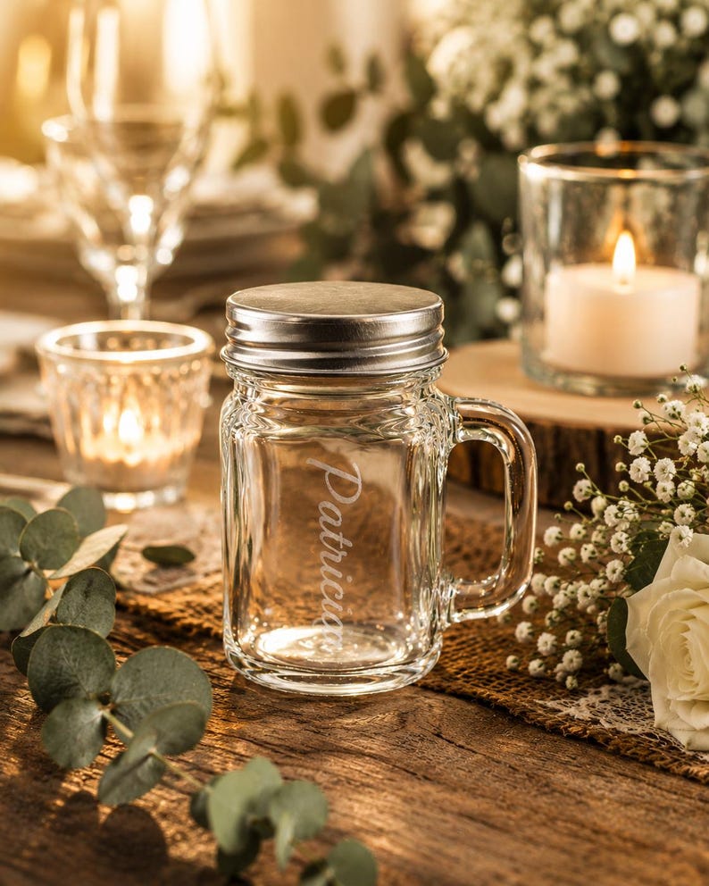 Personalisiertes Schnapsglas mit Wunschname als Gastgeschenk zur Hochzeit